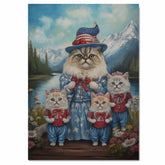 Persian Cat Family Dressed in Patriotic Outfits by a Lake with Mountains in the Background for Independence Day on Ready to Hang 1.5" Thick Canvas Wrap, Floating Framed Canvas, Flat Rolled Canvas